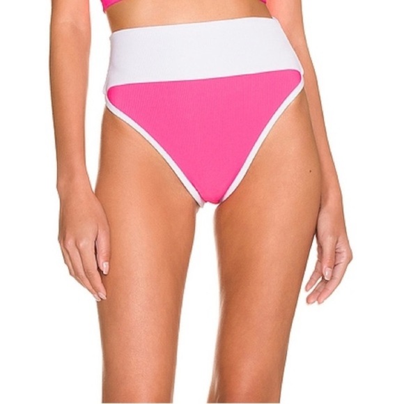 New! Beach Riot Emmy pink white ribbed high waisted bikini bottom 24918 - Picture 1 of 10